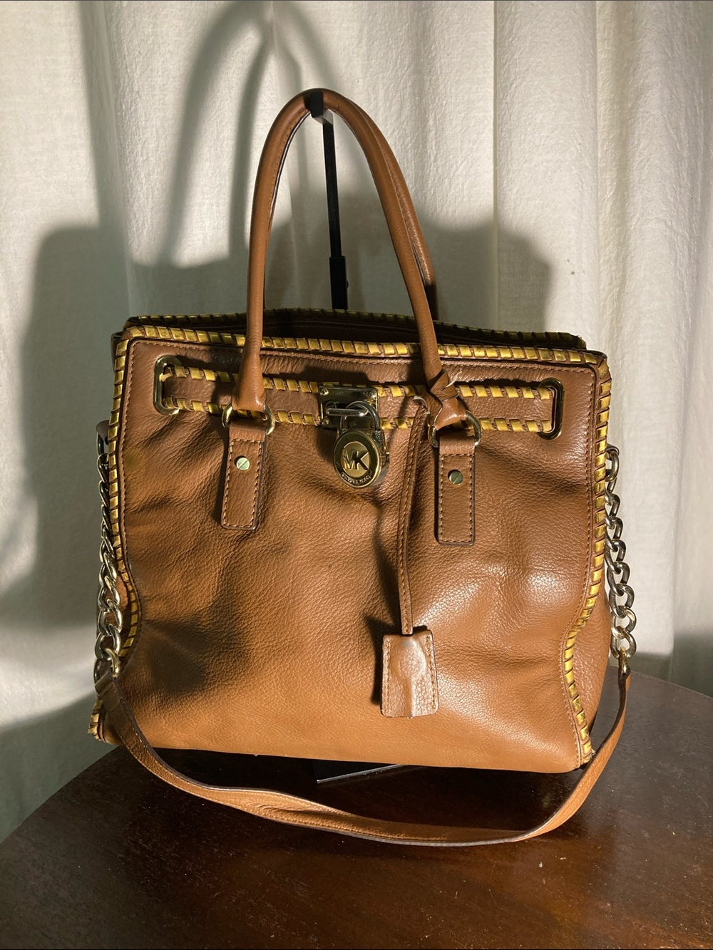 Michael Kors Tan Hamilton Leather Tote with Yellow Whipstitch & Chain Strap